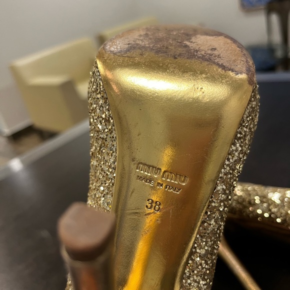 MIU MIU Argento Gold Glitter Heels EU 38 - Picture 4 of 7